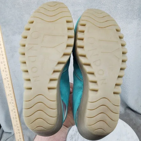 Fly London Shoes Womens Size EU38 US 7.5 Yakin Teal Leather Wedge Sandals *Read* - Picture 7 of 10